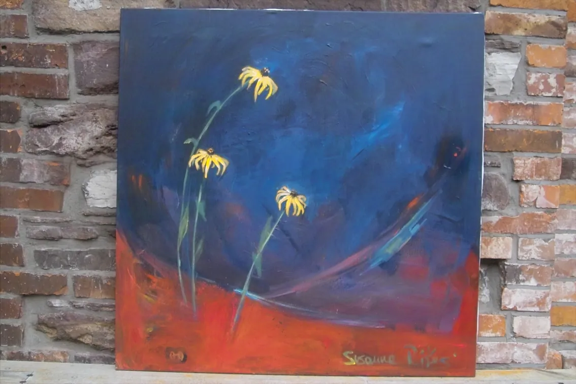 Blüten im Sturm – Acrylic on canvas, 100 × 100 × 2 cm – Susanne Rikus