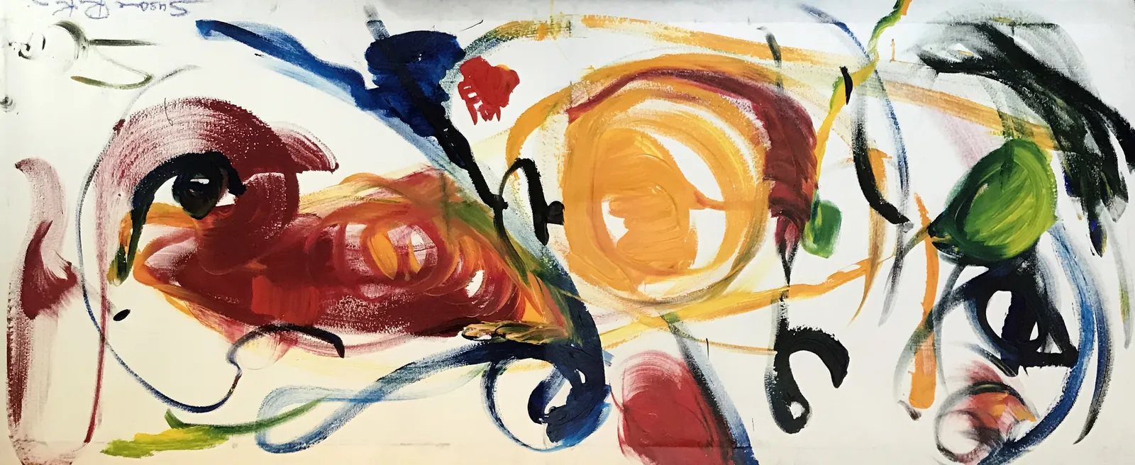 Creative Flow – gestural forms in yellow, blue, red and green on a light ground, painting by Susanne Rikus