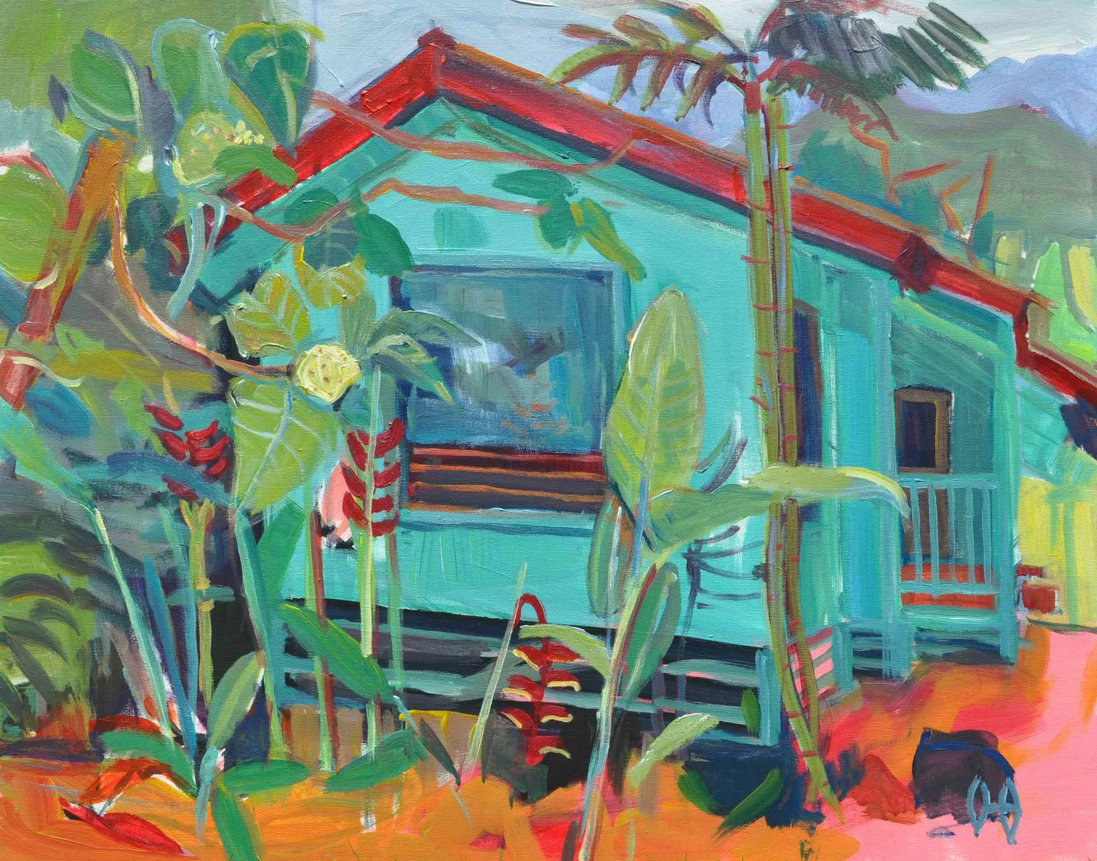 Hawaiian Home – turquoise cottage with a red roof among tropical plants in the Wailua Valley, Kauaʻi, acrylic painting by Susanne Rikus