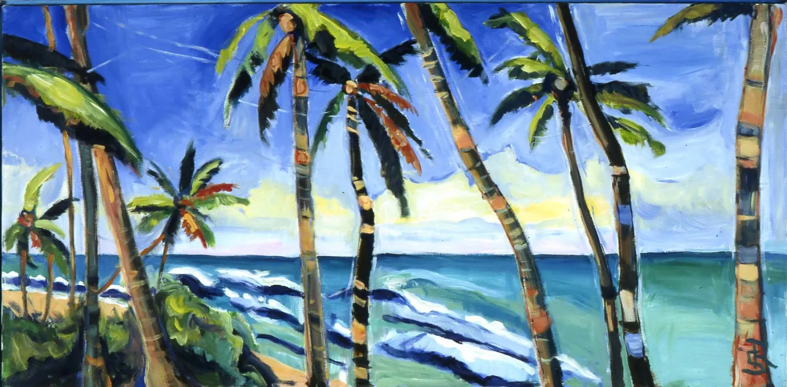 Hawaiian islands-Coco palms – Acrylic on canvas, 90 × 190 × 2 cm – Susanne Rikus