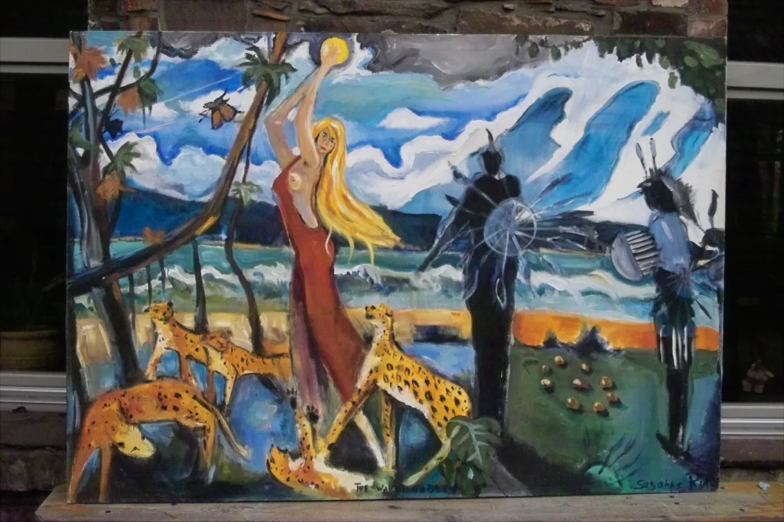 Jaguar woman – Acrylic on canvas, 100 × 200 × 2 cm – Susanne Rikus