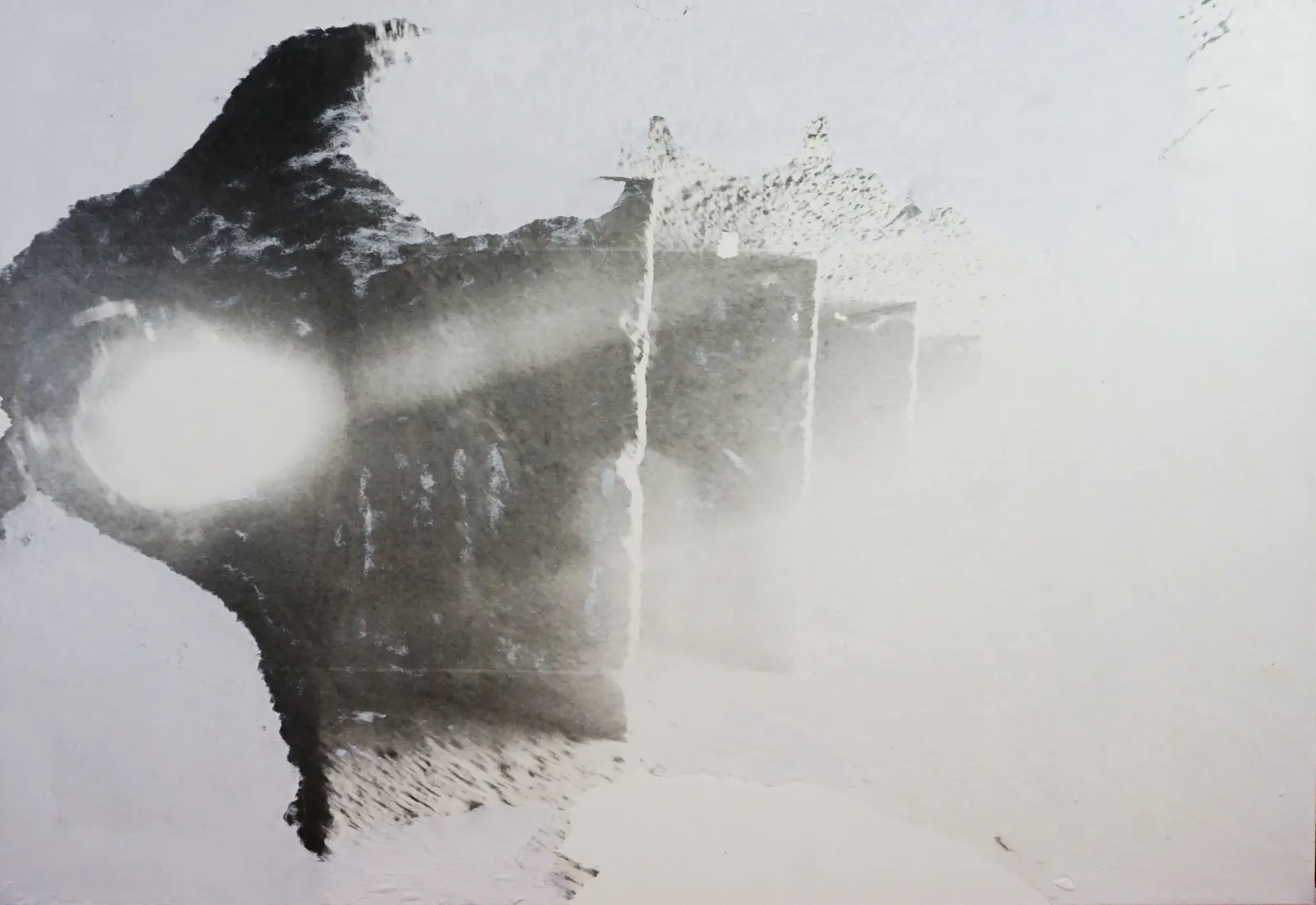 Water temple sardinia -tempio pozzo 2 – Transfer technique, mixed media on canvas, 70 × 100 × 2 cm – Susanne Rikus