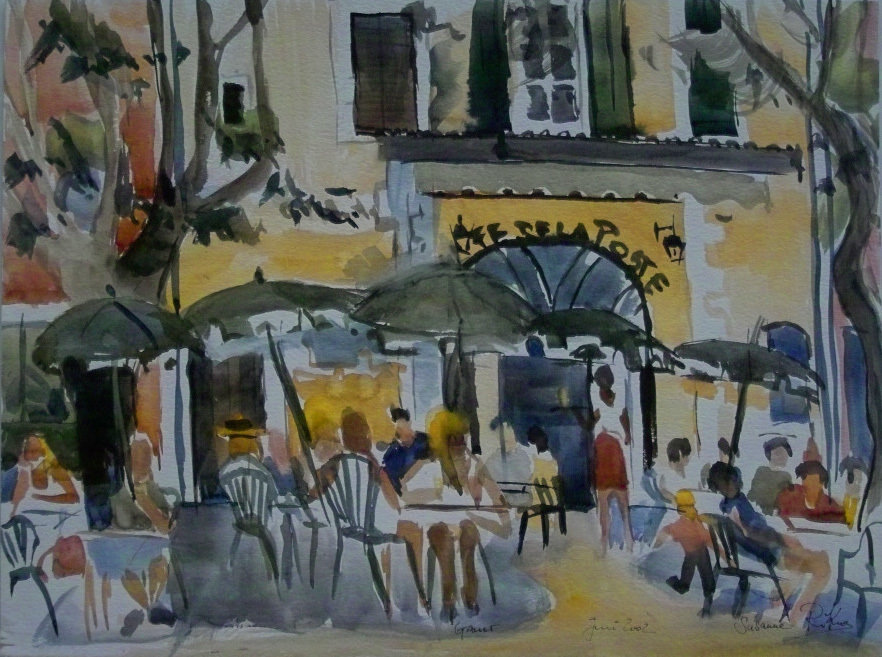 Cafe de la Poste-Gault-Provence 5 – Watercolor on paper, 40 × 60 cm – Susanne Rikus