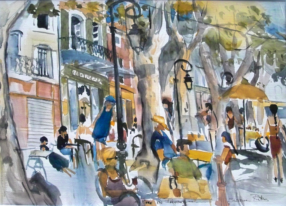 La douce vie en france-Lísle sur la Sorgue-Provence 9 – Watercolor on paper, 40 × 60 cm – Susanne Rikus