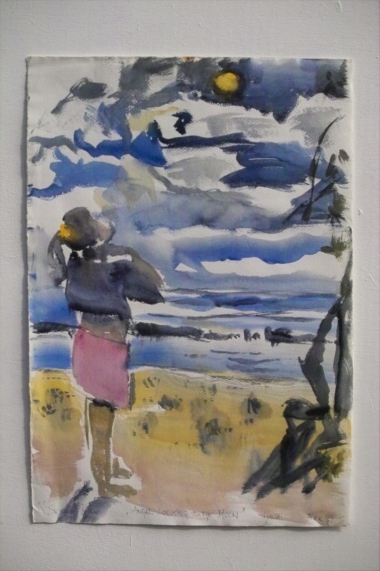 Angel, Moon over Baby Beach on Kauai-Hawaii – Watercolor on paper, 50 × 40 cm – Susanne Rikus