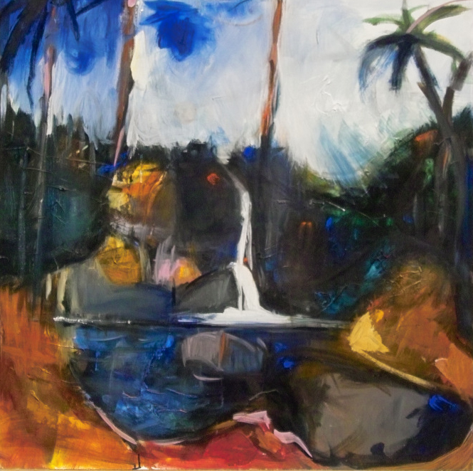 Hawaiian waterfall – Acrylic on board, 100 × 100 × 3 cm – Susanne Rikus