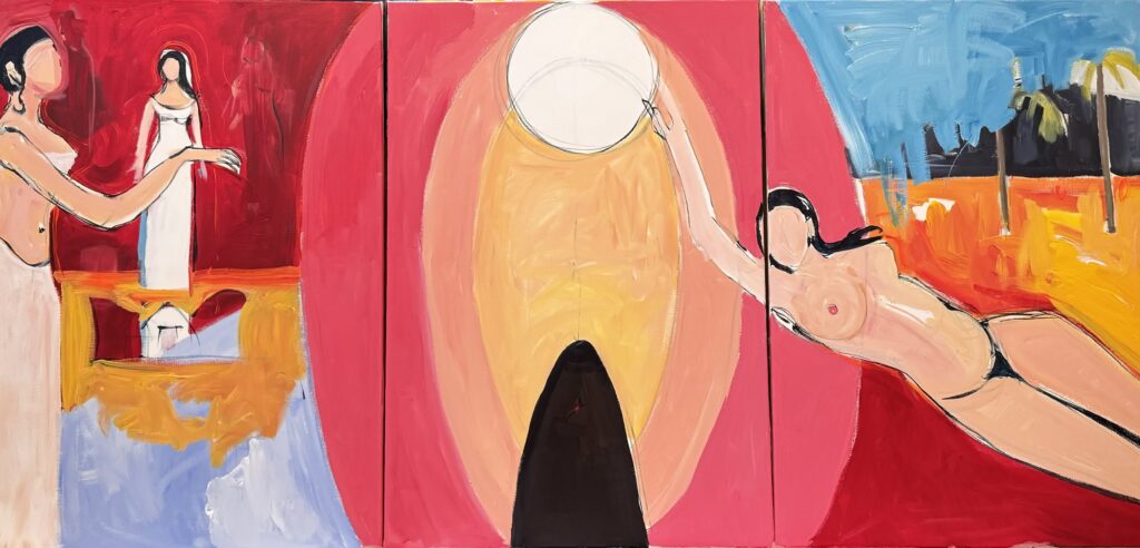 Artwork Interpretation: The triptych format emphasizes a narrative journey, suggesting a passage from one state of being to another. The central panel, with its radiant, sun-like orb, represents a source of enlightenment and transformation. This element mirrors Rikus's near-death experience, which was a pivotal moment that deepened her connection to the cosmos and the energies that flow through all things. It symbolizes a portal or gateway—an invitation to transcend the ordinary and step into the sacred space of self-awareness and cosmic connection. On the left, figures emerge in soft, flowing movements, their gestures pointing towards the center, as if guiding the viewer towards a deeper understanding or a calling from within. The presence of these figures can be seen as guardians or guides—perhaps reflections of Rikus's own journey through shamanic practices and her roles as both a healer and an artist. This aligns with her therapeutic background, where she has explored the human psyche and the subtle energies that influence our emotional and spiritual well-being. The right panel introduces a sense of freedom and release. A figure, nude and uninhibited, reaches out towards the central orb, symbolizing the soul's quest for unity and truth. This act of reaching is a powerful metaphor for Rikus's own explorations in her art and life—a continuous search for answers and expressions of humanity's deepest desires and fears. The surrounding landscape, with its bold strokes of blue and orange, suggests a connection to the elemental forces of nature, echoing her time spent in the vibrant environments of Hawaii, Vancouver, and Sardinia.