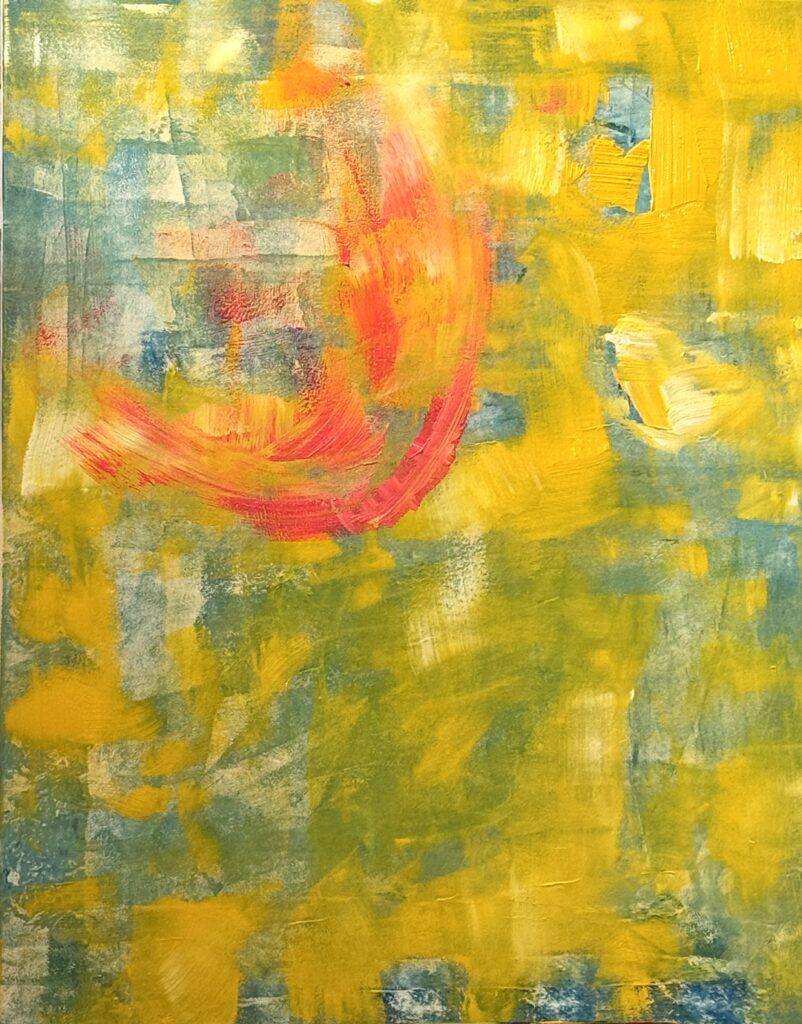 Abstract painting by Susanne Rikus with expressive red brushstrokes over layered green, yellow and blue textures