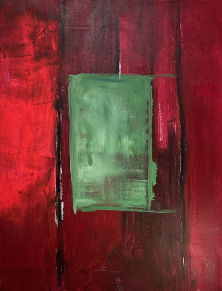 Abstract painting with an intense red background and dark vertical structures, featuring a soft, luminous green rectangle at the center.