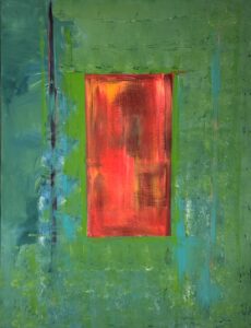 Abstract painting by Susanne Rikus featuring a glowing red center within a green field, evoking an energetic portal